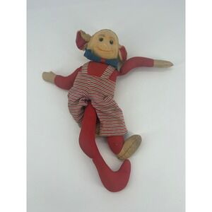 Vintage Kreuger N.Y.C. Monkey Plush Toy Red Overalls Striped Shirt Blue Bow